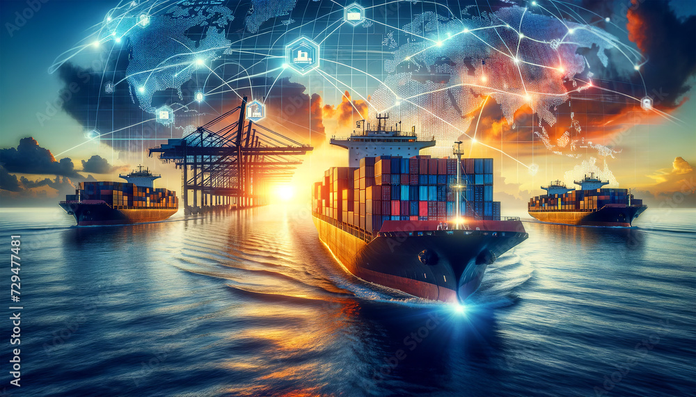 Cargo ships with containers at sea at sunset,with a digital global ...