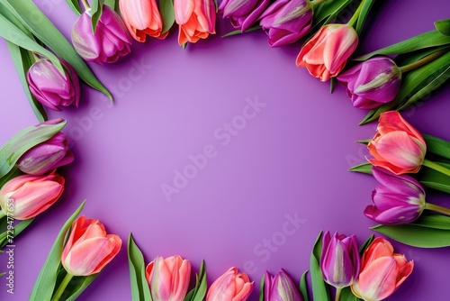 Wallpaper Mural Frame of colorful tulips on purple background, wedding background, women day background, mother day background Torontodigital.ca