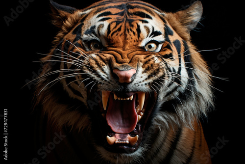 Roaring tiger close-up on a black background, portrait, front view