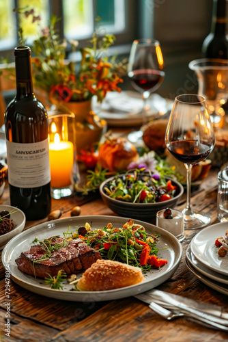 Table full of food and wine glasses with candle also present on the table.