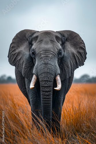 Large elephant with tusks stands in field of tall brown grass.