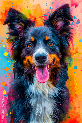Dog with colorful background that has orange yellow and green splatter paint effect on it.