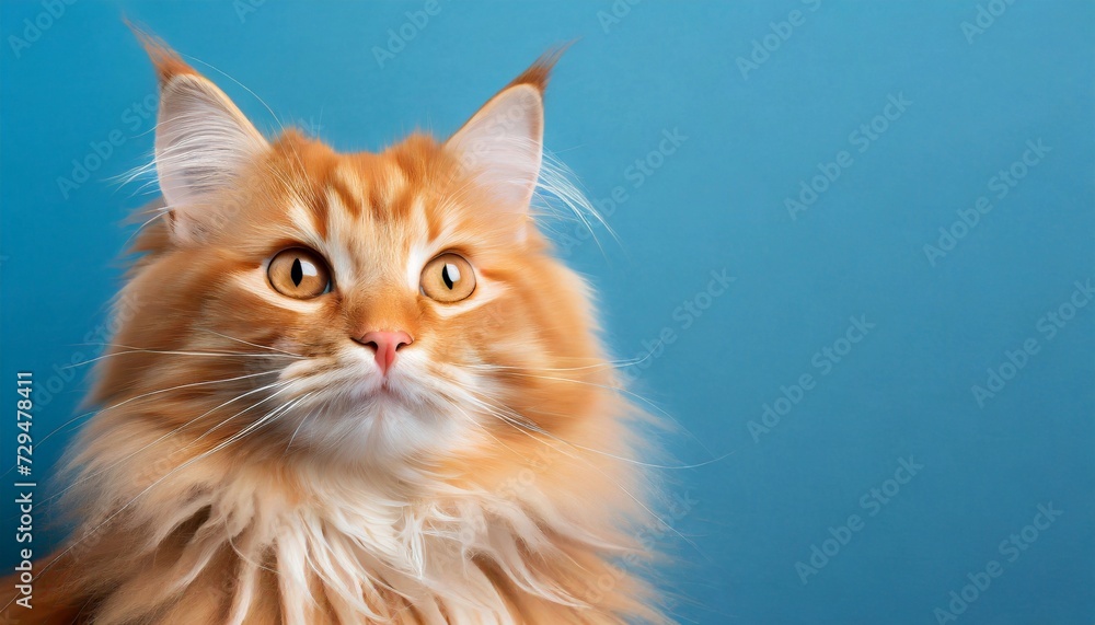 Cute red-haired cat on blue background. Adorable pet. For banner of zoo store or vet clinic.