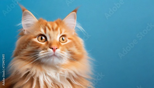 Cute red-haired cat on blue background. Adorable pet. For banner of zoo store or vet clinic.