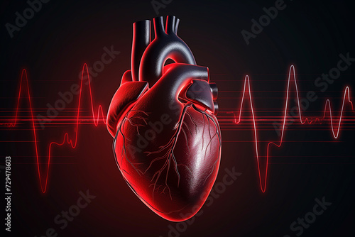 Model of a human heart on a dark background with a cardiogram pulse line photo