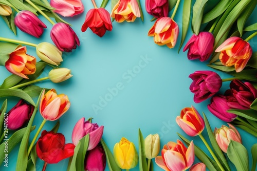 Flowers composition. Frame made of tulips on blue background  wedding background  women day background  mother day background