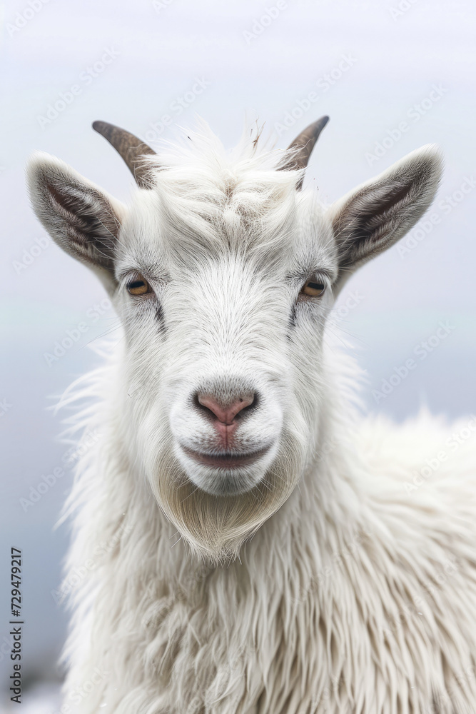 White goat with beard and horns is standing in front of blue sky.