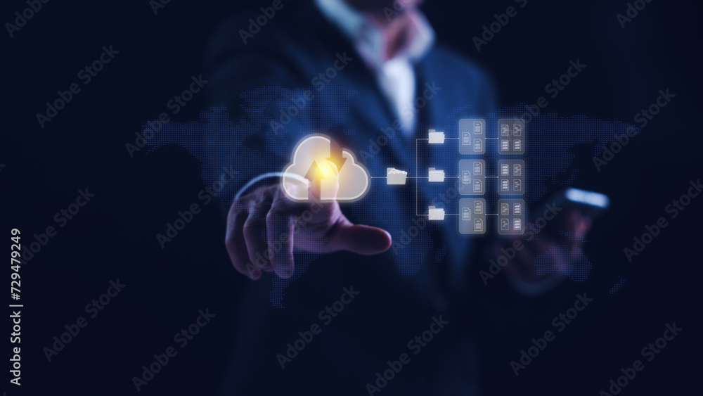 Fototapeta premium Cloud computing Technology, Digital documents data transfer system, Online data storage, File sharing, Exchange information, Backup. Businessman using a smartphone and touching cloud computing icon.