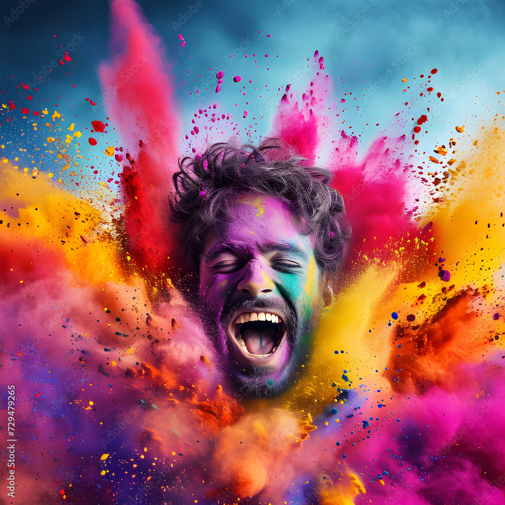 Happy fun man with colorful paint celebrating Holi festival party On color dust smoke powder