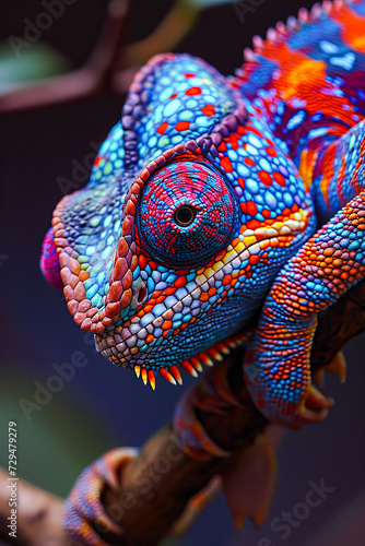 Blue and red lizard with red tongue is shown in close up. © valentyn640