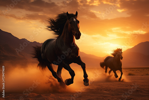 a group of graceful black horses galloping along the sand at sunset © kazakova0684