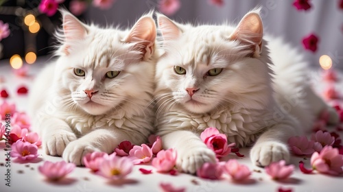 Two cute domestic white cats couple on bed with flower petals. romantic, Valentine theme with flowers and petals