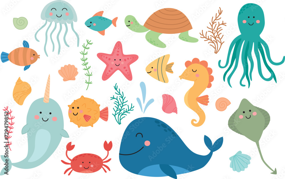 Obraz premium Collection of cute sea animals. Vector illustration of ocean underwater characters. 