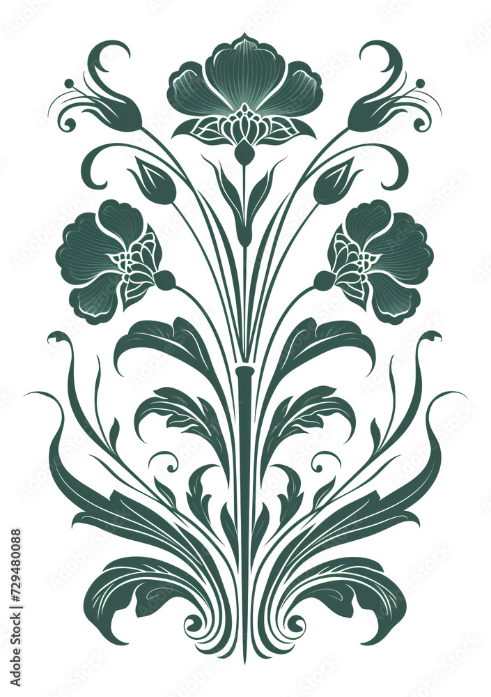 Art Nouveau inspired floral designs are elegantly stylized.