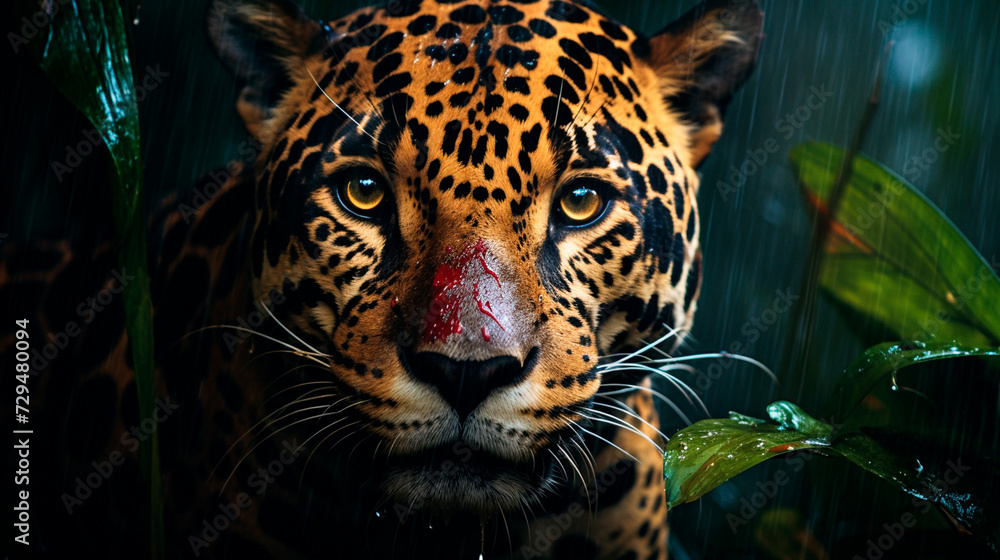 a jaguar in the rain looking at the camera a jaguar in the rain looking at the camera