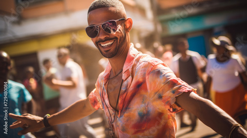 Cuban man dancing salsa, wearing a colorful shirt and sunglasses © Paula