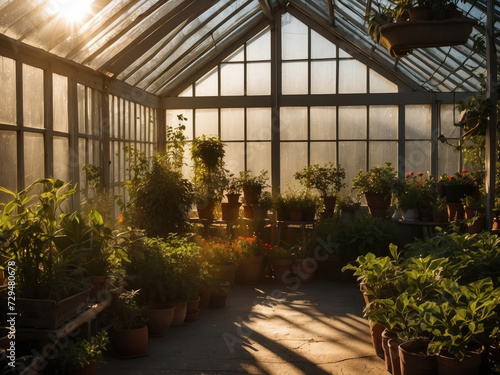 Greenhouse in sunshine rays with green plants