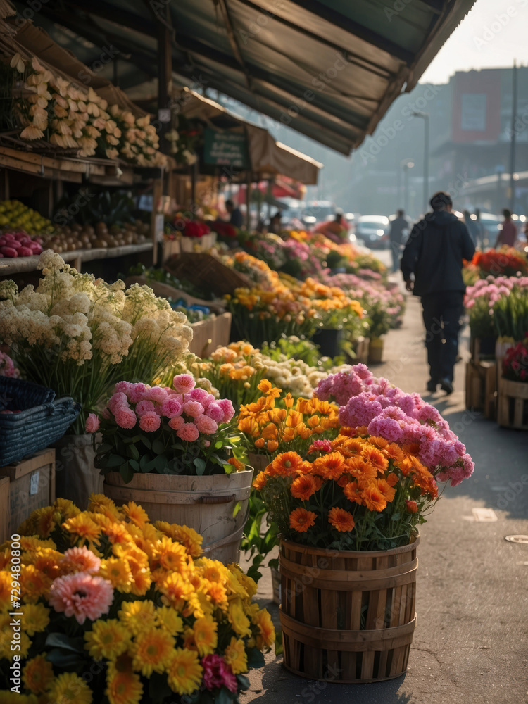 Vibrant flower market with a variety of colorful blooms