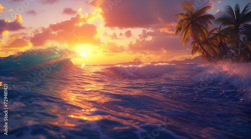 a tropical wave and palm trees at sunset over the oce