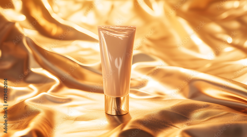 a tube of foundation is sitting on a gold colored sur - obrazy, fototapety, plakaty 