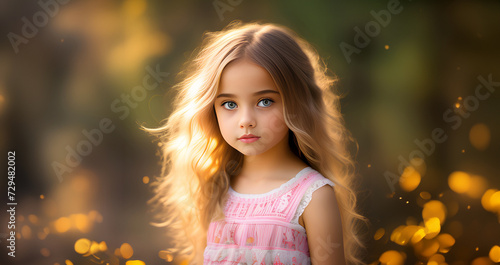 Cute blonde little girl in blossoming garden. Child girl near blossom garden. Kid girl in spring garden. Spring concept. Beautiful girl in orchard.