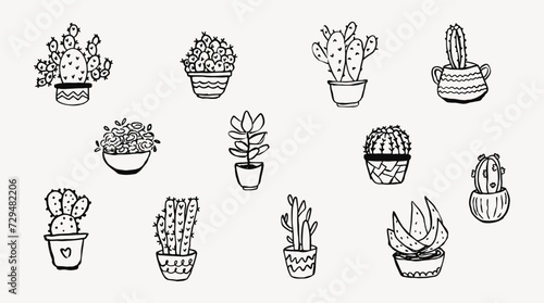 Set of cute hand-drawn doodle style cactus