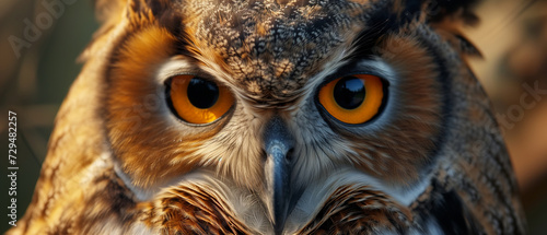 A close up of the yellow eyes of a horned owl on a natural background