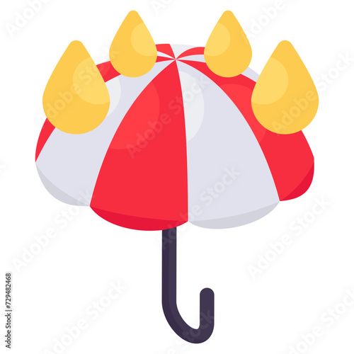 A isometric design icon of umbrella with drops denoting concept of rainshade 