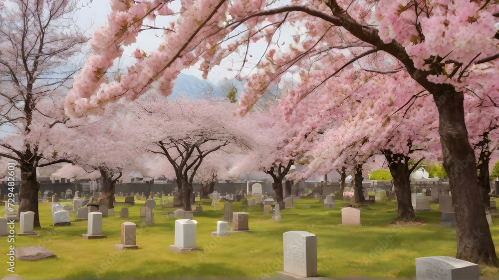 Cherry tree flowers and Sakura at cemetery graveyard with many rows of tombstones Cherry tree flowers and Sakura at cemetery graveyard with many rows of tombstones