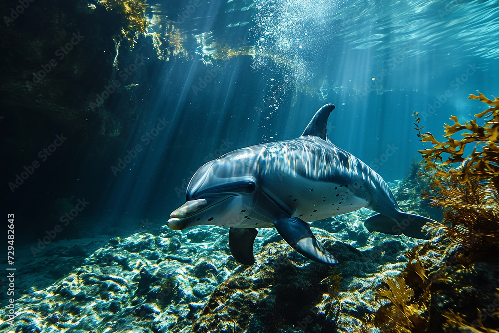 Fototapeta premium Dolphins swimming in deep sea