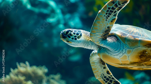 An underwater portrait of a sea turtle swimming near coral reefs
