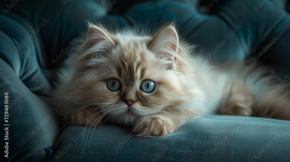 A fluffy Himalayan kitten lounging on a velvet cushion.