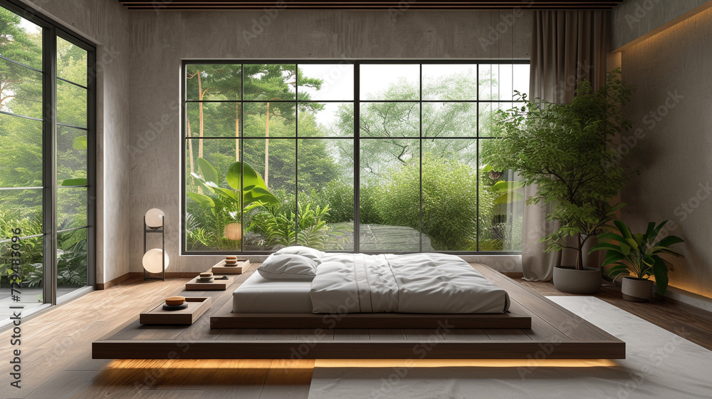 A bedroom with a platform bed, surrounded by minimalist decor and a large window providing ample natural light. 