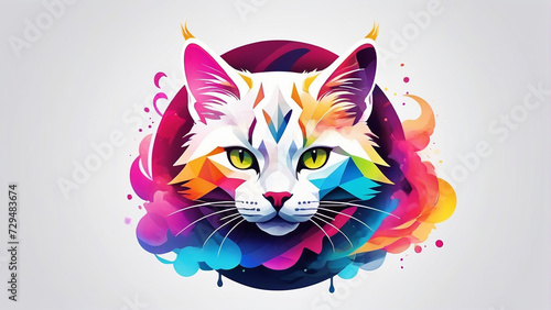 Minimalist Neon Line Cat Logo with Geometric Precision, Vibrant Smoke Effects White Background with t-shirt design ai art