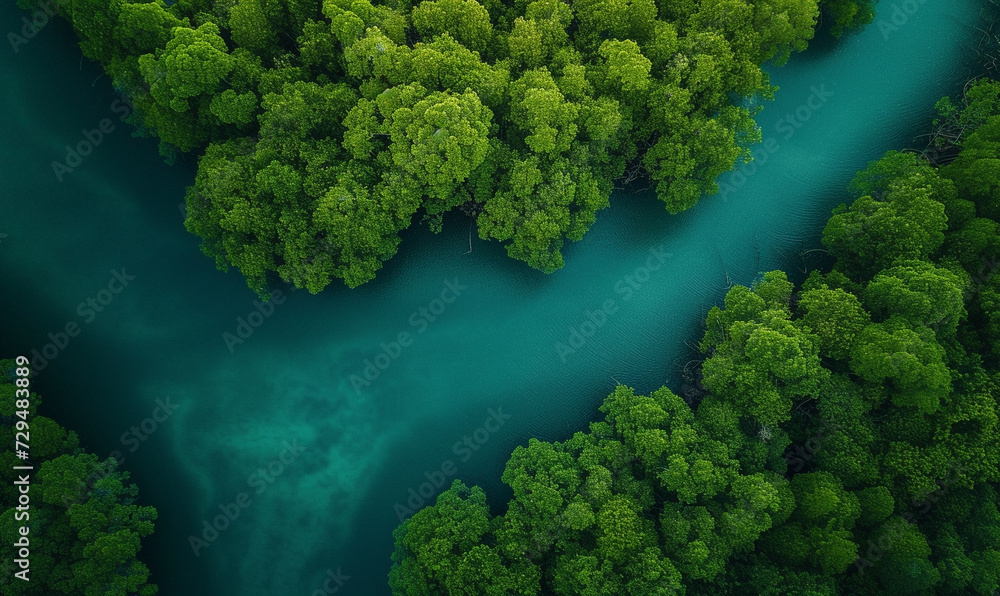 Naklejka premium aerial view of mangrove forest. top capture bird eye drone.