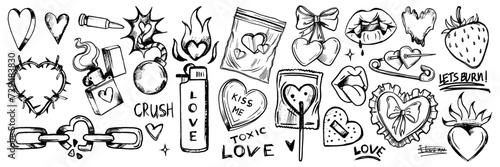 Doodle love grunge rock set, graffiti groovy punk heart vector print kit, emo gothic hand drawn sign. Marker scribble sticker, crayon wax paint collage icon, lips. Romantic Valentine Day heart doodle