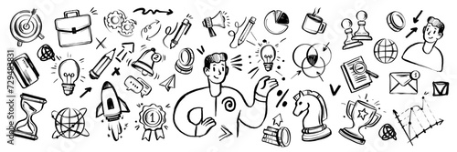 Business doodle icon set, hand drawn finance vector sketch, ink line startup money clipart. Creative presentation project scribble, cartoon cute strategy sign, achievement chart. Business doodle kit