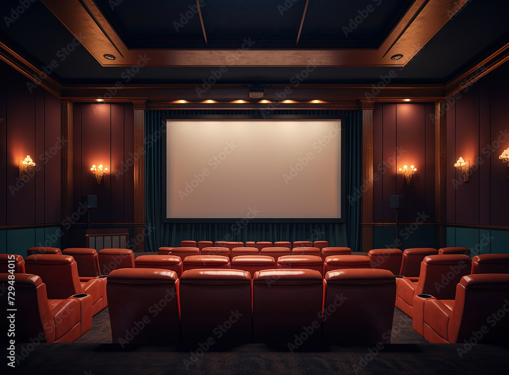 Cinema interior with seats and white screen. Movie theater room with chairs Cinema interior with seats and white screen. Movie theater room with chairs