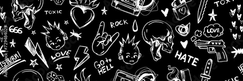 Grunge rock seamless pattern, vector punk music sketch texture, y2k gothic dark decorative print. Hand drawn marker scribble wallpaper, hearts, skull, gun. Grunge pattern emo romantic apparel design