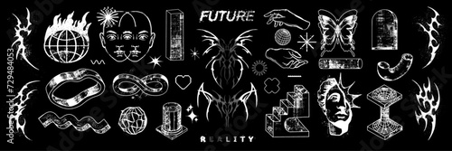Retro futurism y2k sticker collection, brutalism retro wave vector design object set abstract shape. Neo tribal cyber techno print, 3D objects, human face, globe. Retro futurism bitmap noise clipart