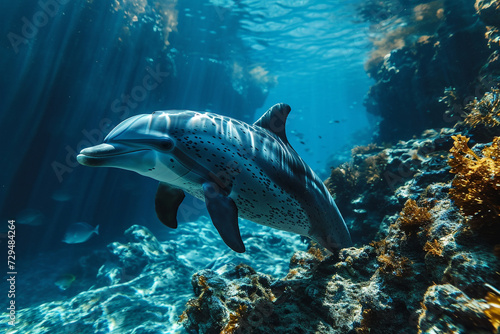 Dolphins swimming in deep sea © amirhamzaaa