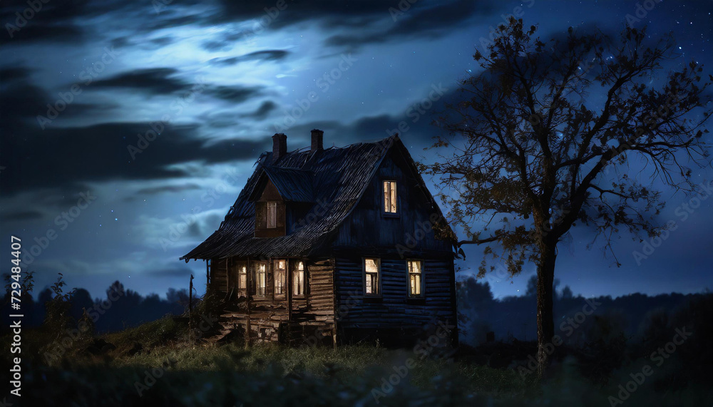 Old wooden house,dramatic clouds at night. Abandoned Haunted Horror House.Near is one tree at night with a moon. dark sky. Old wooden house,dramatic clouds at night. Abandoned Haunted Horror House.Near is one tree at night with a moon. dark sky.