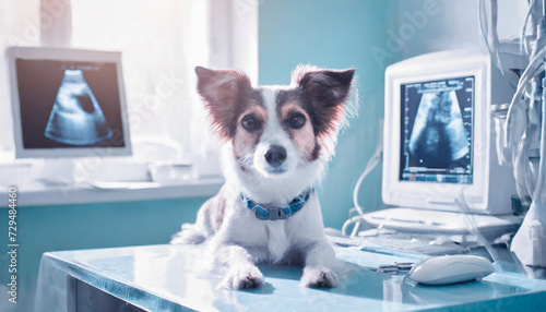 Dog pregnancy test.Dog having ultrasound scan in vet office.Little dog terrier in veterinary clinic.