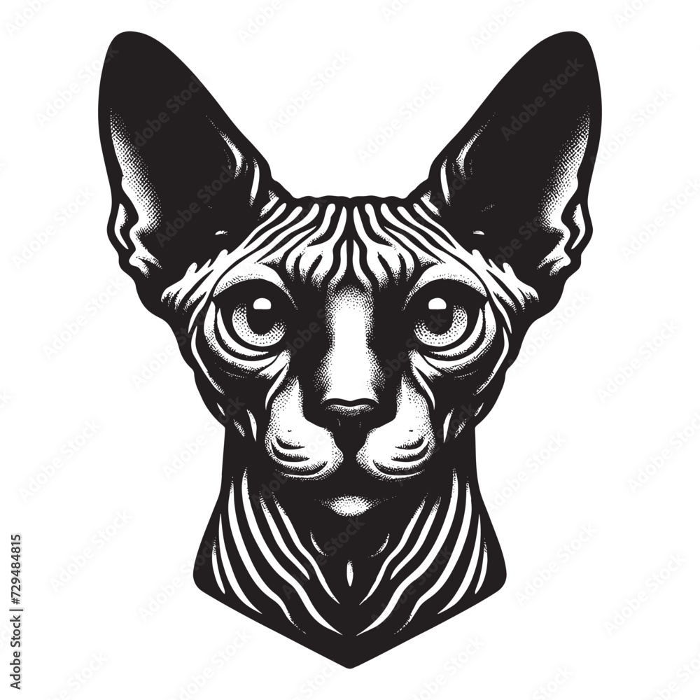 Fototapeta premium Sphynx cat face. Black and white vector illustration. Sketch, engraving line art. isolated object, logo, emblem, icon
