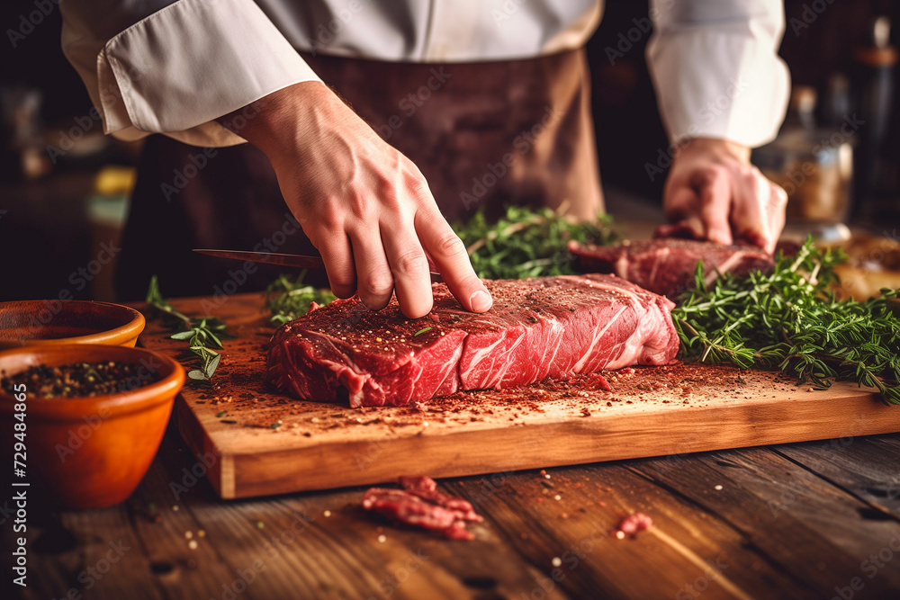 A chef's hands meticulously seasoning a raw, red steak with ground pepper, ready for cooking, surrounded by fresh herbs on a rustic wooden countertop