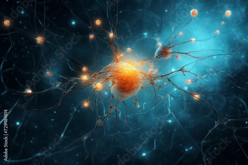A close-up illustration of a neuron within a network, highlighted by glowing nodes and interconnected neural pathways against a dark blue background, symbolizing neural activity and brain function