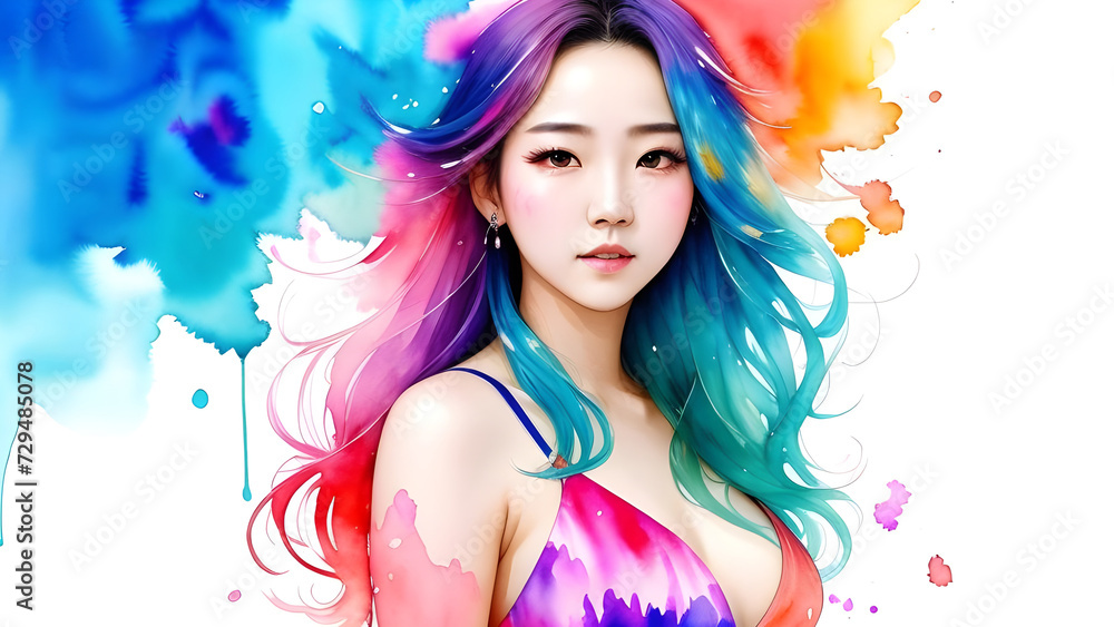a close up of a woman with colorful hair and a dress a close up of a woman with colorful hair and a dress