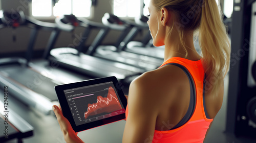 White woman tracking physical performance and progress from tablet in the gym during workout. Young blonde girl with ponytail. Shot from behind her shoulders.