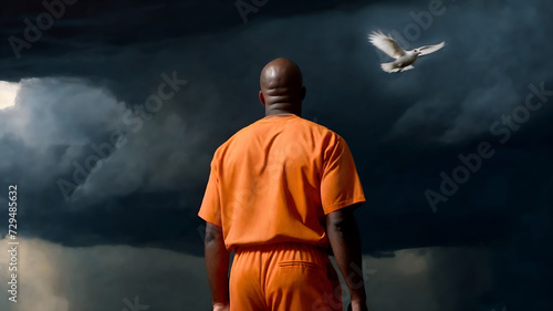 Rear view of a black prisioner wearing orange jumpsuit in a penitentiary wearing a dove flying by. Freedom concept photo