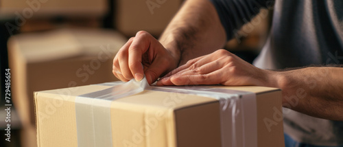 Hands meticulously seal a cardboard box, capturing a moment of care in preparation for delivery